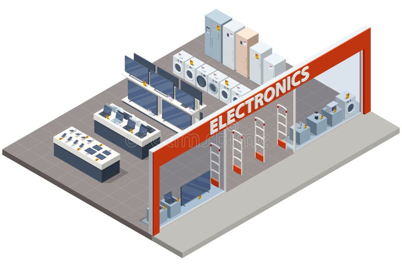 Isometric illustration of a full electronics store interior with TVs, laptops, appliances, checkout zone and security gates at the entrance. Tech store vectors