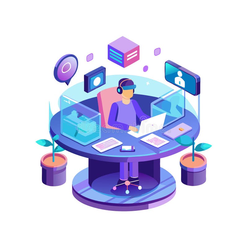 Isometric Illustration: Metaverse Developer Working at Round Table with Digital Elements royalty free illustration