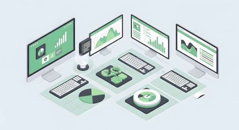Isometric workspace with desktop computers displaying business analytics and data charts royalty free illustration