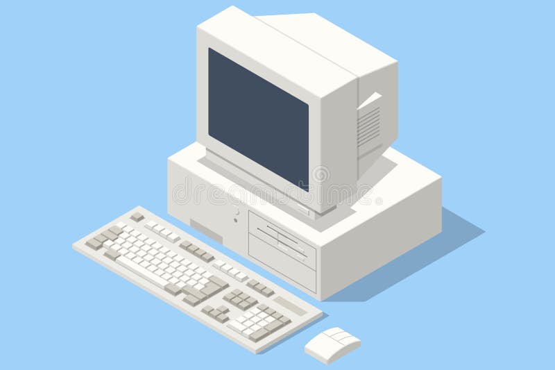 An isometric illustration of an old desktop computer set: monitor, keyboard, and system unit, symbolizing retro vector illustration