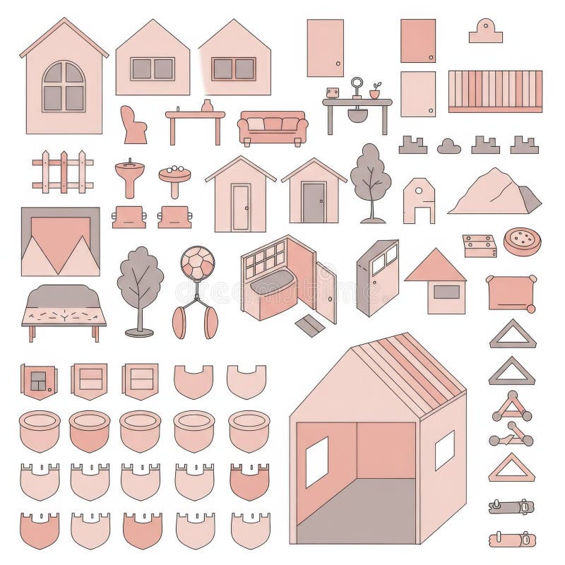 Isometric Illustration of Pink and Brown Houses and Home Elements stock illustration