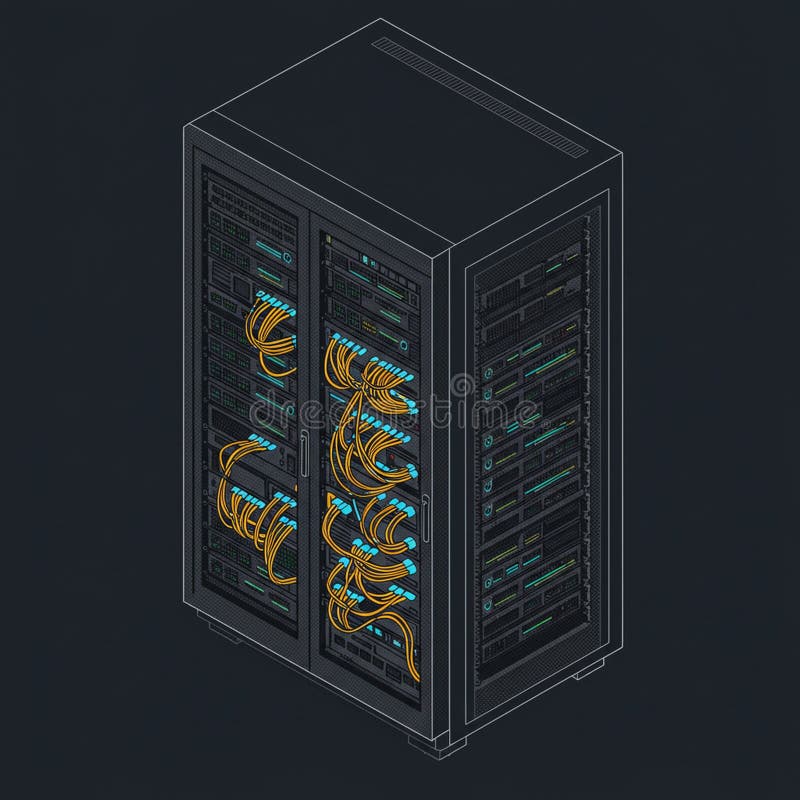Isometric illustration of a server rack in a data center. The image shows multiple vector illustration