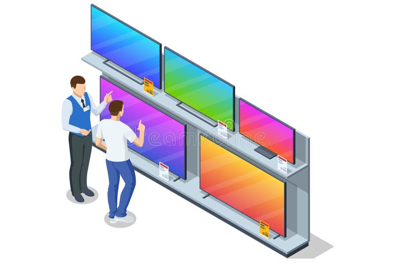 Isometric illustration of a shopper selecting a television in an electronics store, surrounded by various TV models on display shelves while a sales assistant provides guidance. Tech store vectors