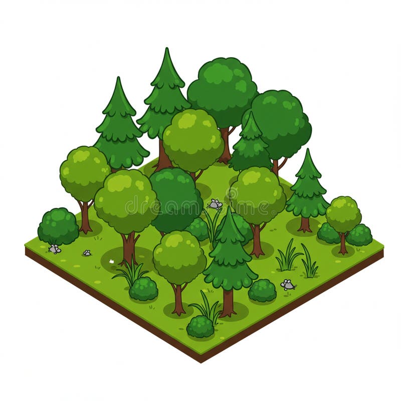 Isometric illustration of a small forest section. Features a mix of coniferous and vector illustration