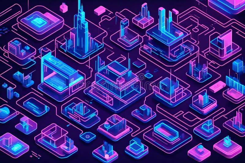 Isometric illustration of tech elements on a solid blue background with ray-trace effects royalty free illustration
