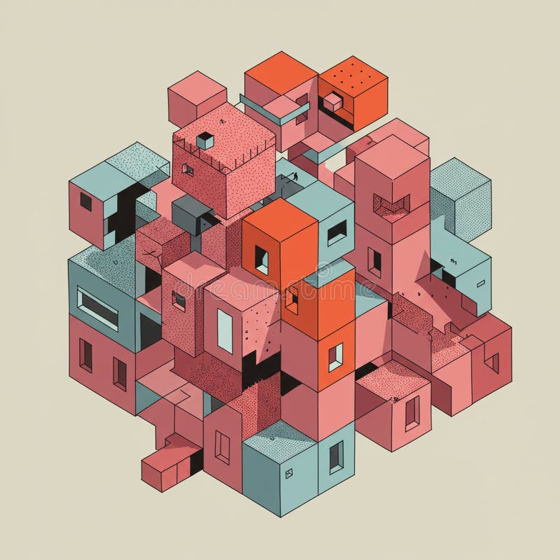 Isometric illustration of a three-dimensional cluster of interconnected cubic stock illustration