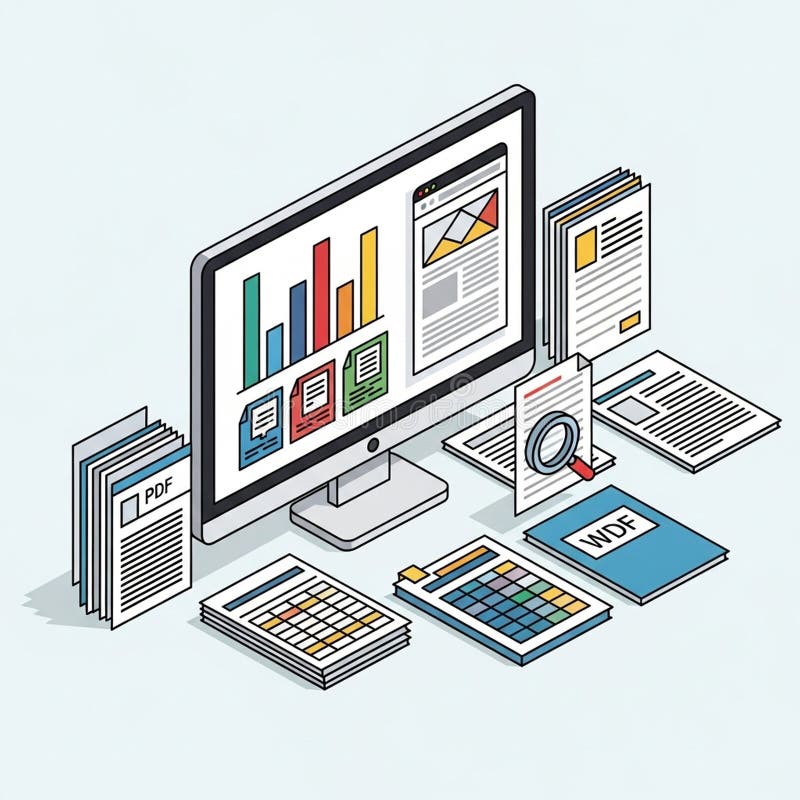 Isometric illustration of a workspace featuring a computer mon vector illustration
