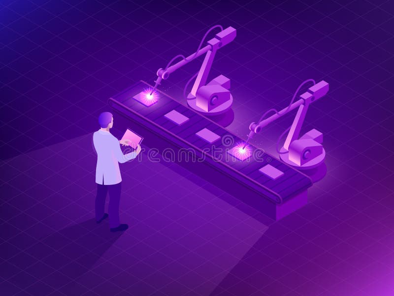 Isometric Industrial robot working in factory. Man holding a tablet with Augmented reality screen software and of royalty free illustration Isometric Industrial robot working in factory. Man holding a tablet with Augmented reality screen software and of royalty free illustration