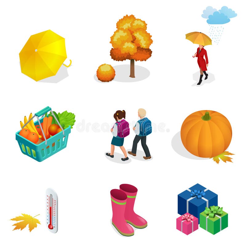 Isometric jesień przedmioty i ikona ustawiamy dla projekt bani, termometr, kobieta z parasolem w deszczu, dzieci z ilustracja wektor Isometric jesień przedmioty i ikona ustawiamy dla projekt bani, termometr, kobieta z parasolem w deszczu, dzieci z ilustracja wektor
