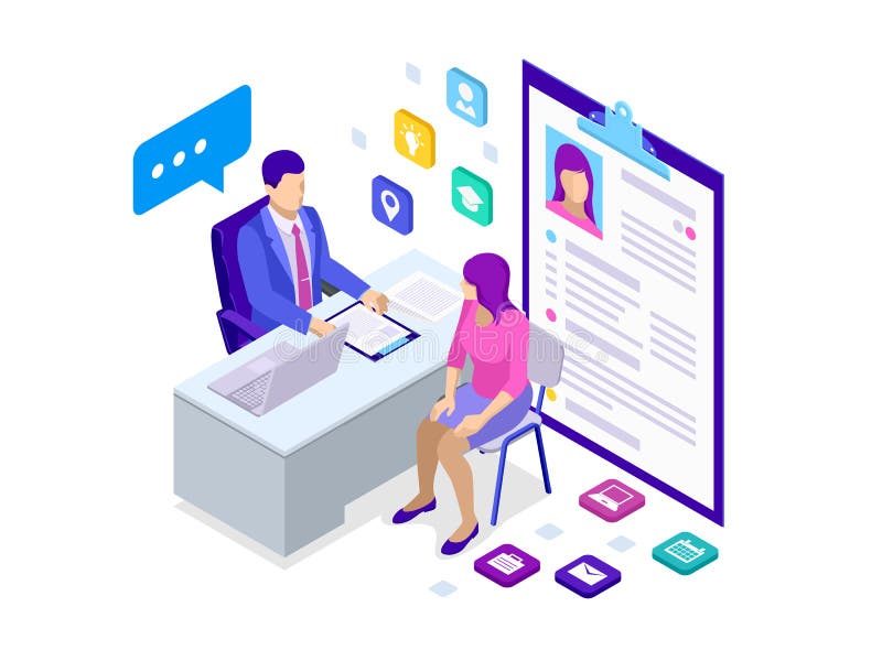 Isometric kobieta podczas akcydensowego wywiadu Męski urzędnik w garnituru obsiadaniu przy biurkiem z laptopem i kobietą royalty ilustracja Isometric kobieta podczas akcydensowego wywiadu Męski urzędnik w garnituru obsiadaniu przy biurkiem z laptopem i kobietą royalty ilustracja