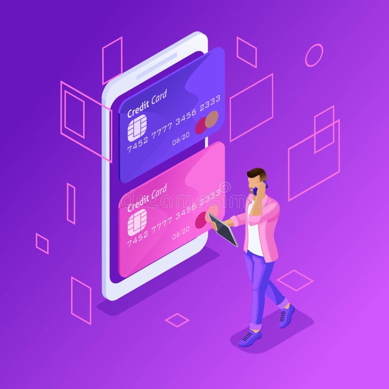 Isometric kolorowy pojęcie kierować online karty kredytowe, online bankowość konto ilustracja wektor Isometric kolorowy pojęcie kierować online karty kredytowe, online bankowość konto ilustracja wektor
