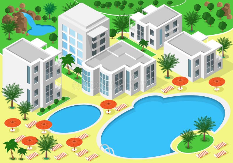 Isometric krajobraz luksusowy nabrzeżne hotel z pływackimi basenami dla lato odpoczynku setu szczegółowi budynki, jeziora, siklaw royalty ilustracja Isometric krajobraz luksusowy nabrzeżne hotel z pływackimi basenami dla lato odpoczynku setu szczegółowi budynki, jeziora, siklaw royalty ilustracja