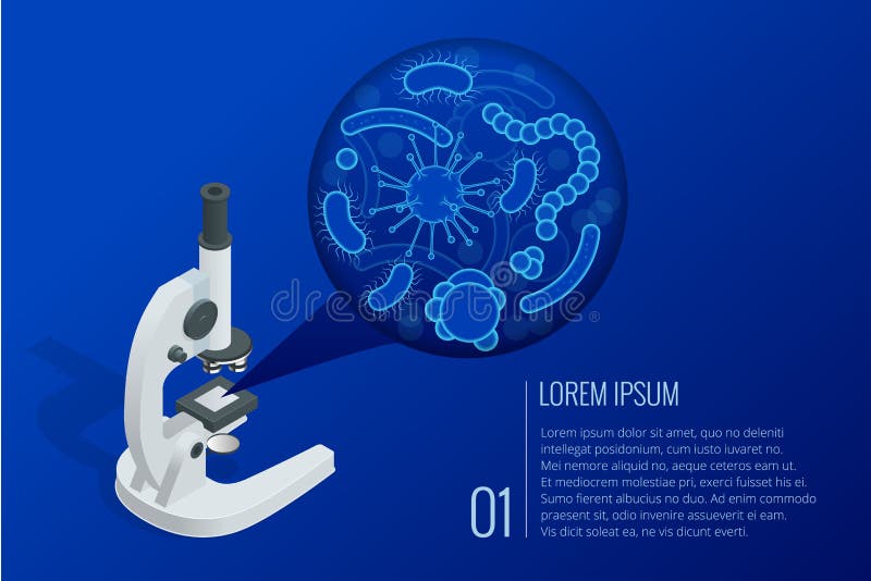 Isometric laboratory lens of microscope and closeup microscopic body micro-organisms disease-causing objects, different vector illustration