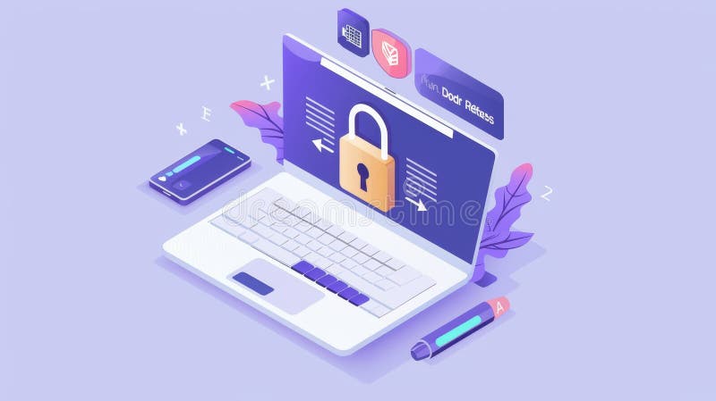 An isometric landing page dedicated to protecting personal data. Cyber privacy on the Internet, on social networks, and royalty free stock image