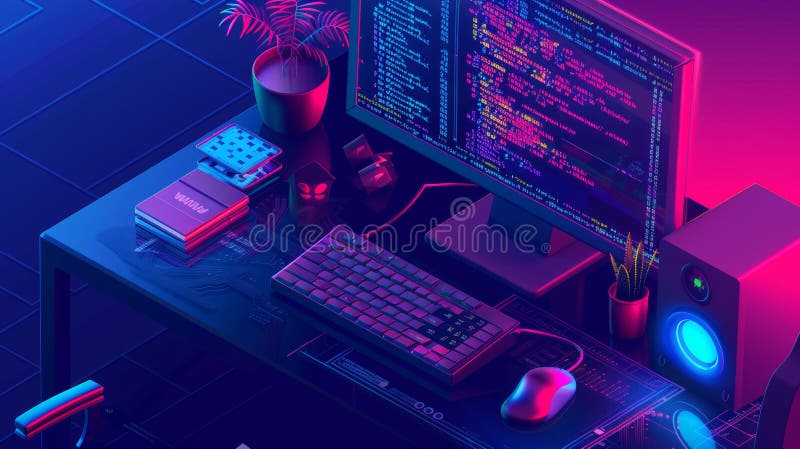 An isometric landing page for an online hackathon. There is a desktop with binary code displayed on the screen connected stock photo