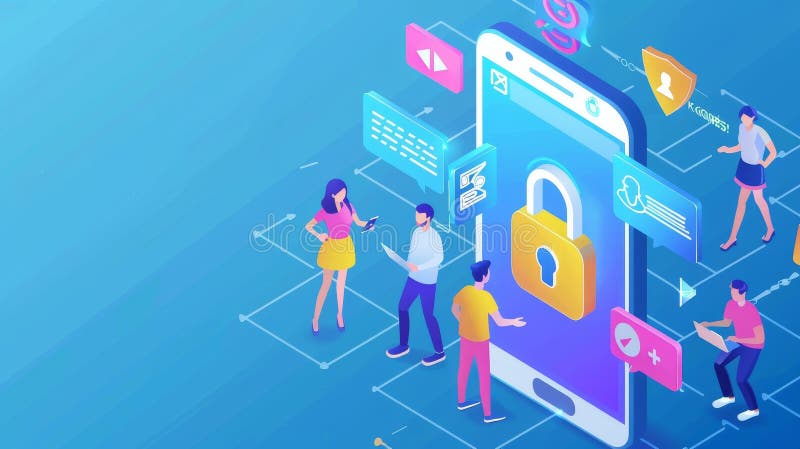 Isometric landing page protection of personal information. Cyber privacy in social networks, connecting human profiles stock photo