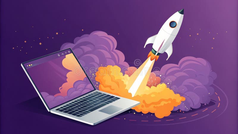 Isometric Laptop Rocket - Koncepcja Purple Night Sky ilustracja wektor