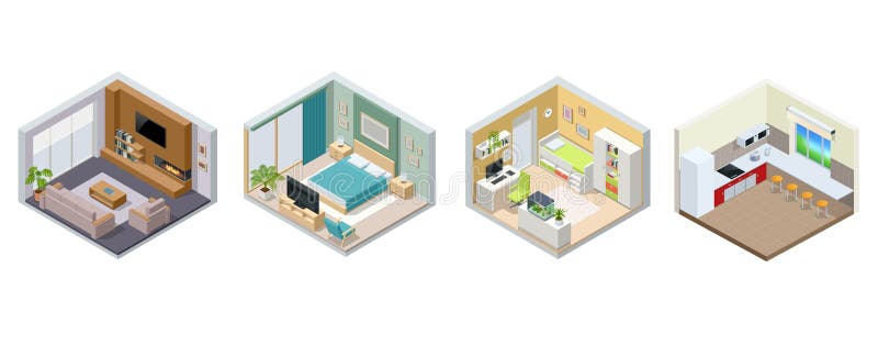 Isometric large luxury modern bright interiors living room, teen room, bedroom, kitchen. Modern interior of real home