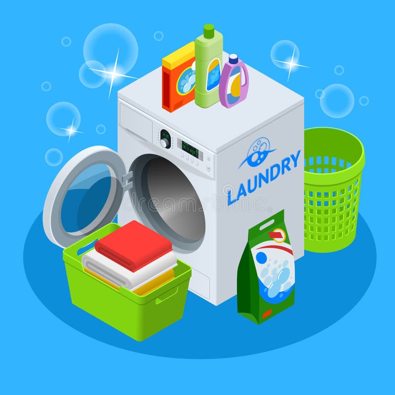 Isometric laundry service illustration. Laundry with washing machine and ironing board, household products, clothes, iron, facilities for washing, washing powder and basket. Flat vector illustration.