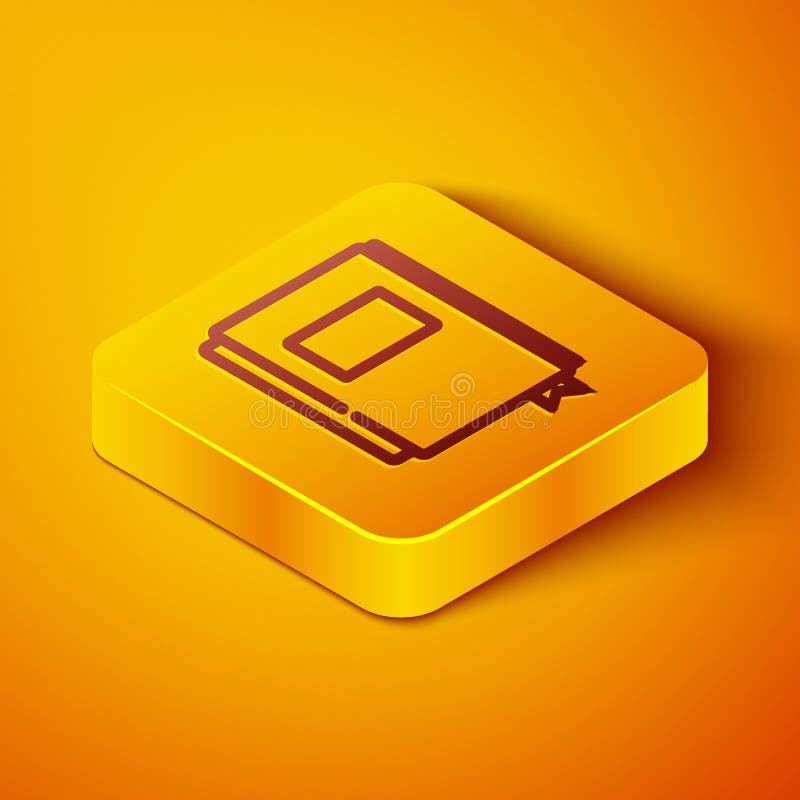 Isometric line Book icon isolated on orange background. Yellow square button. Vector royalty free illustration