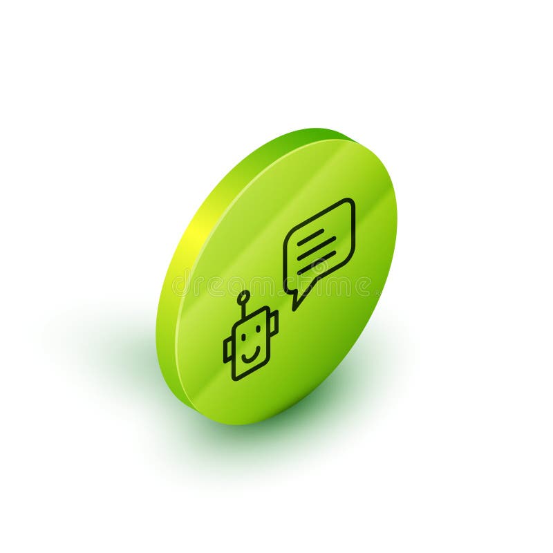 Isometric line Bot icon isolated on white background. Robot icon. Green circle button. Vector stock illustration