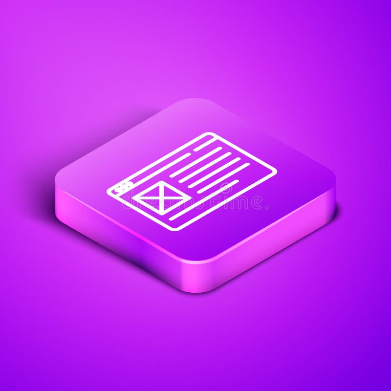 Isometric line Browser window icon isolated on purple background. Purple square button. Vector stock illustration