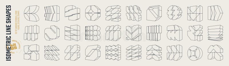 Isometric line brutal 3D shapes, Postmodern abstract geometric graphic frame elements, Brutalism volumetric carcass various form vector illustration
