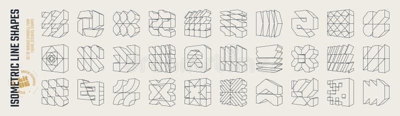 Isometric line brutal 3D shapes, Postmodern abstract geometric graphic frame elements, Brutalism volumetric carcass various form stock illustration