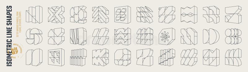 Isometric line brutal 3D shapes, Postmodern abstract geometric graphic frame elements, Brutalism volumetric carcass various form royalty free illustration