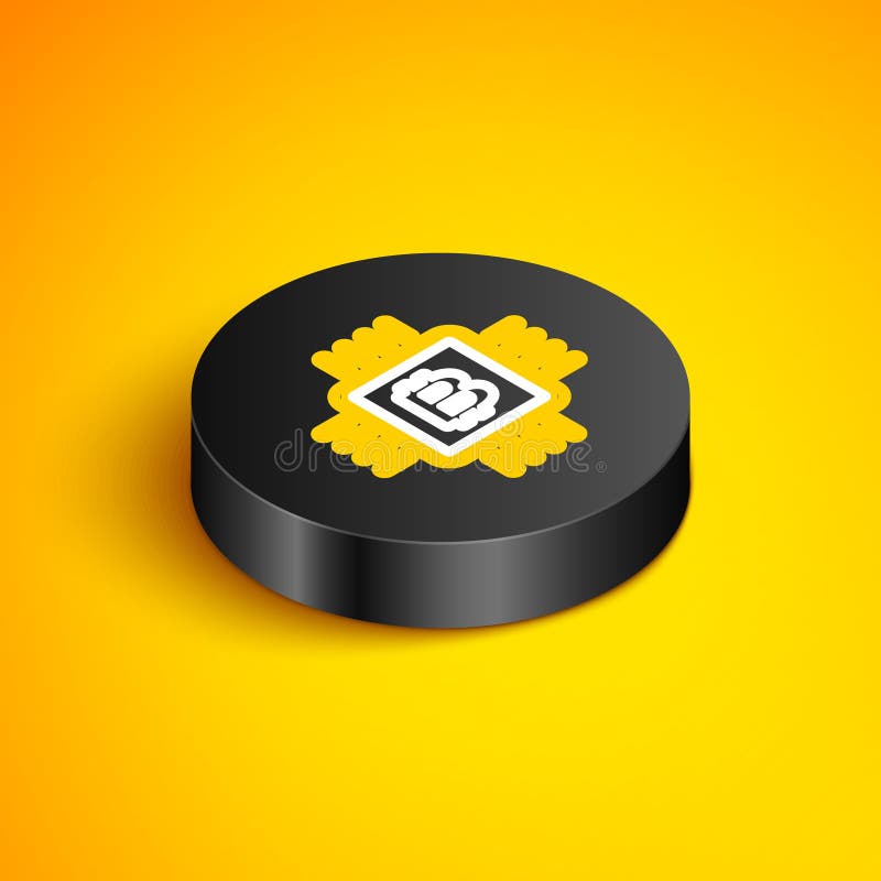 Isometric line CPU mining farm icon isolated on yellow background. Bitcoin sign inside microchip. Cryptocurrency mining stock illustration