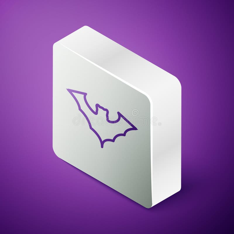 Isometric line Flying bat icon isolated on purple background. Silver square button. Vector stock illustration