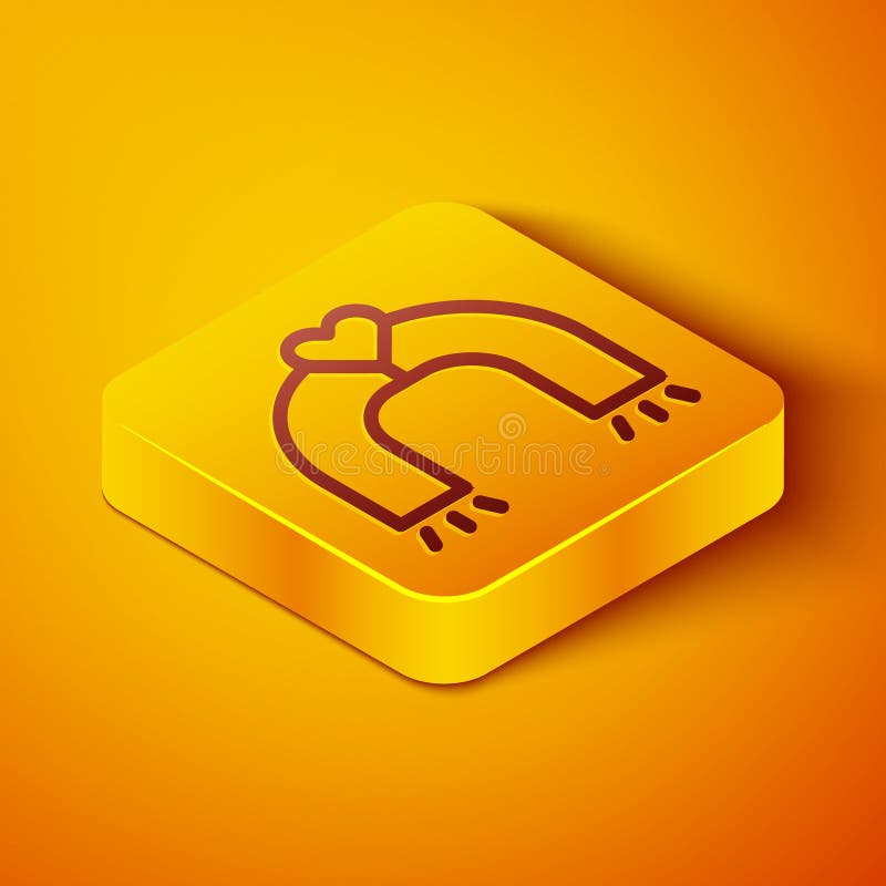 Isometric line Love magnet icon isolated on orange background. Yellow square button. Vector stock illustration