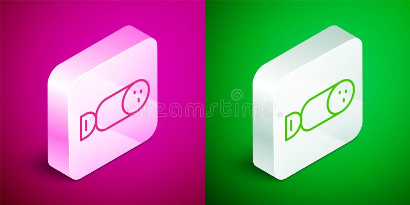 Isometric line Salami sausage icon isolated on pink and green background. Meat delicatessen product. Silver square button. Vector.