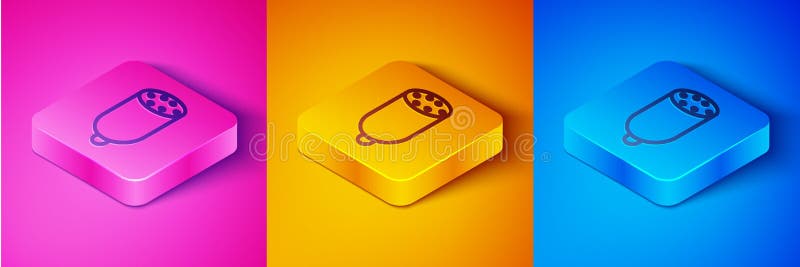 Isometric line Salami sausage icon isolated on pink and orange, blue background. Meat delicatessen product. Square button. Vector.