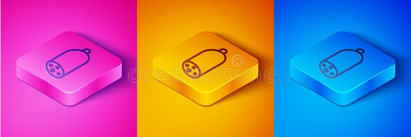 Isometric line Salami sausage icon isolated on pink and orange, blue background. Meat delicatessen product. Square button. Vector.