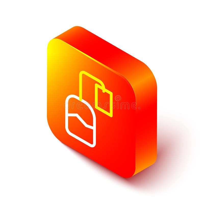 Isometric line Tea bag icon isolated on white background. Orange square button. Vector stock illustration