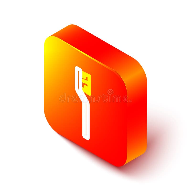 Isometric line Toothbrush icon isolated on white background. Orange square button. Vector royalty free illustration