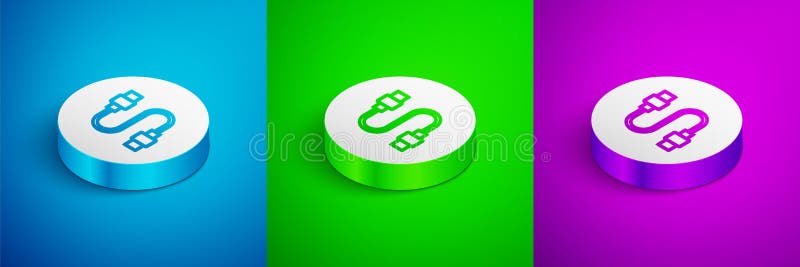 Isometric line USB cable cord icon isolated on blue, green and purple background. Connectors and sockets for PC and royalty free illustration