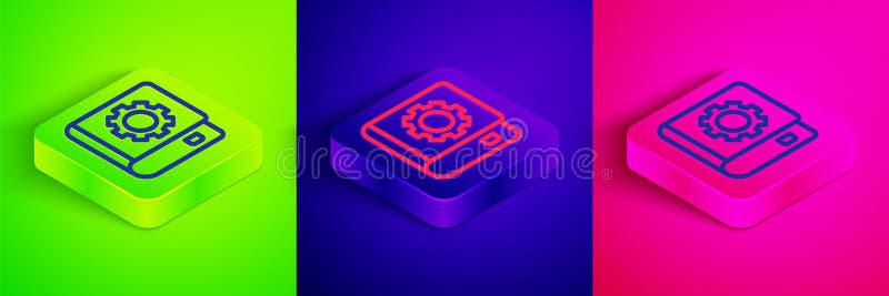 Isometric line User manual icon isolated on green, blue and pink background. User guide book. Instruction sign. Read stock illustration