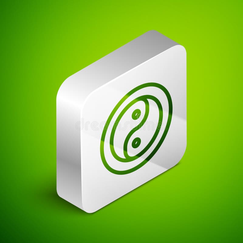 Isometric line Yin Yang symbol of harmony and balance icon isolated on green background. Silver square button. Vector stock illustration