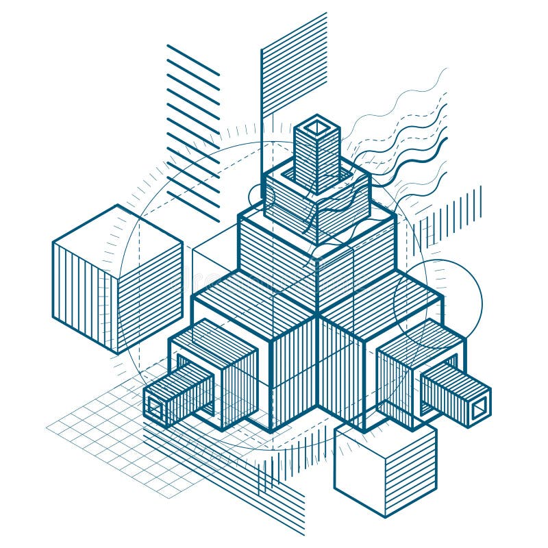 Isometric linear abstract vector background, lined abstraction. Cubes, hexagons, squares, rectangles and different abstract stock illustration