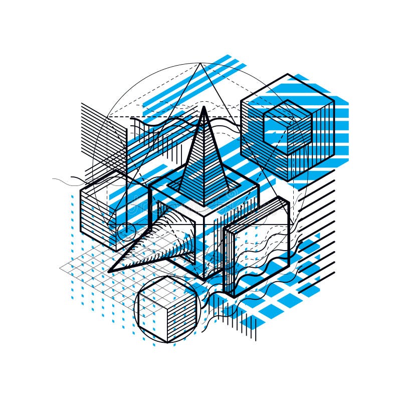 Isometric linear abstract vector background, lined abstraction. Cubes, hexagons, squares, rectangles and different abstract elements.