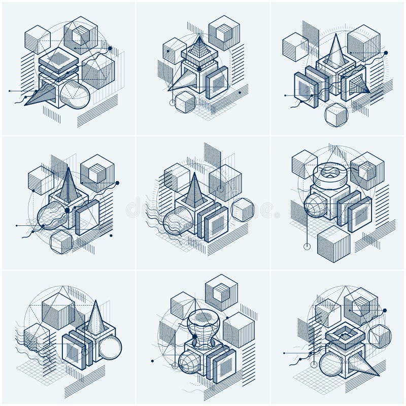 Isometric linear abstract vector backgrounds, lined abstractions stock illustration