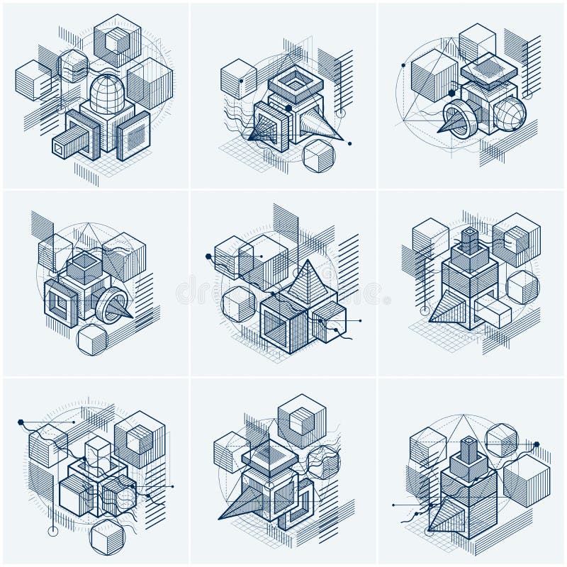 Isometric linear abstract vector backgrounds, lined abstractions. Cubes, hexagons, squares, rectangles and different abstract stock illustration