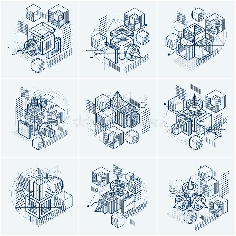 Isometric linear abstract vector backgrounds, lined abstractions. Cubes, hexagons, squares, rectangles and different abstract royalty free illustration