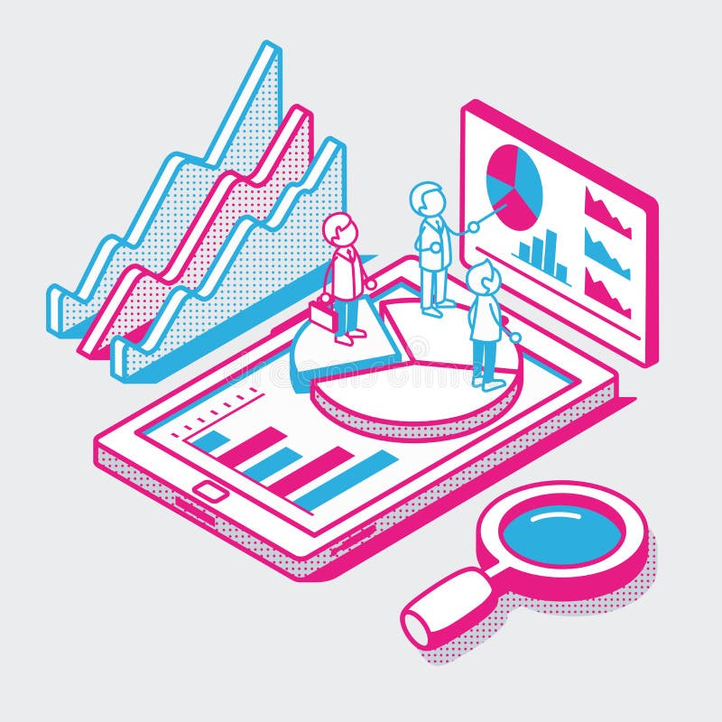 Isometric linear flat Mobile report analysis tool royalty free illustration