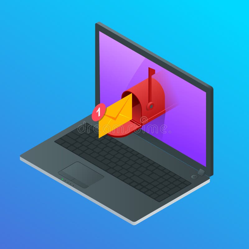 Isometric listu i skrzynki pocztowa latanie z laptopu ekranizuje pojęcie również zwrócić corel ilustracji wektora Poczta związek ilustracji
