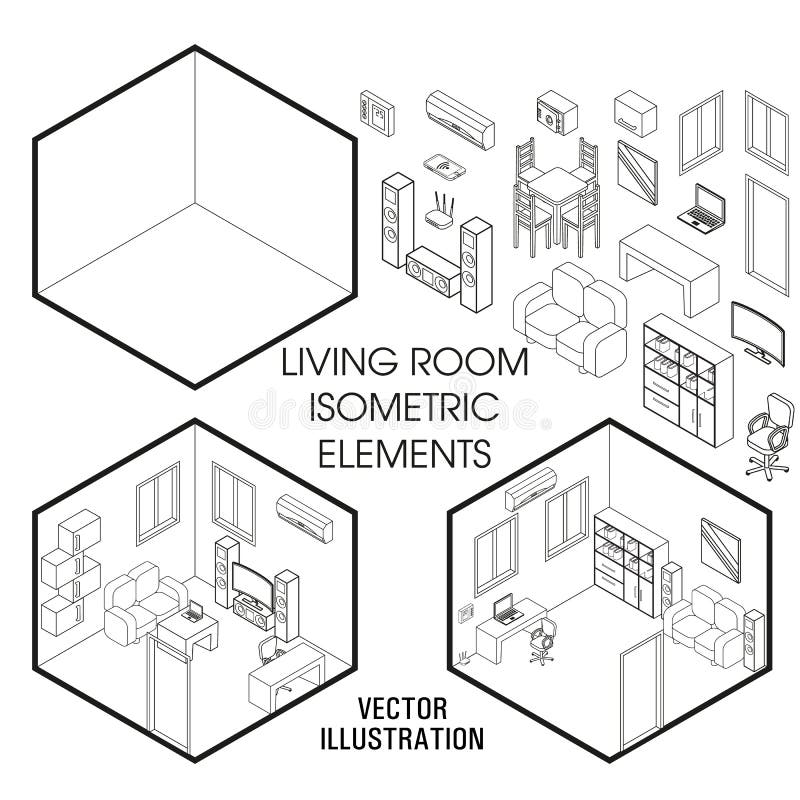 Isometric Living Room Interior Constructor Vector Set Of