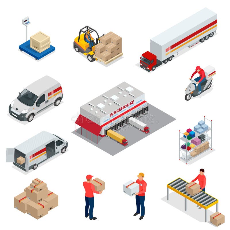 Isometric Logistics icons set of different transportation distribution vehicles, delivery elements. Vehicles designed to