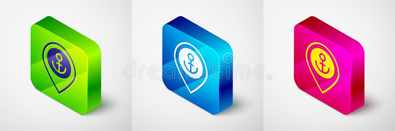 Isometric Map pointer with anchor icon isolated on grey background. Square button. Vector.